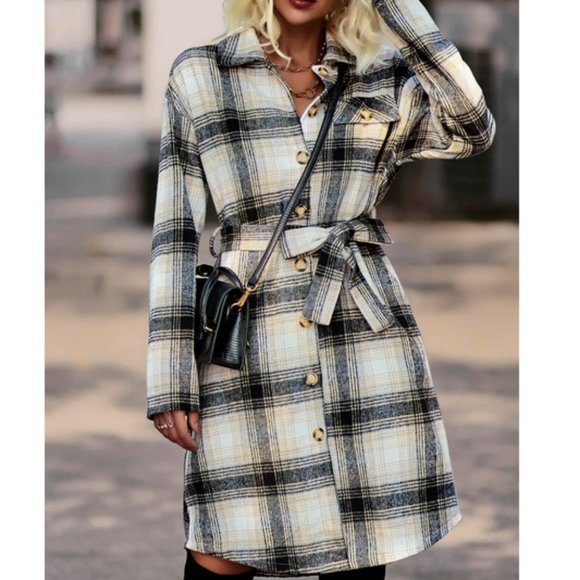 MODA ME COUTURE Jackets & Blazers - plaid print belted overcoat casual streetwear